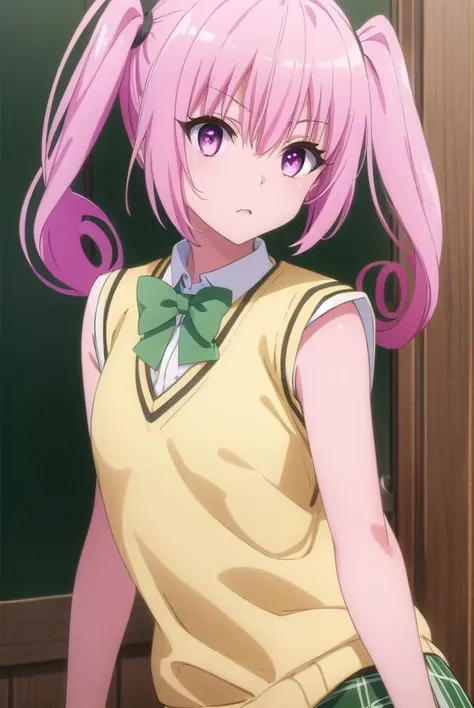 nanadeviluke, <lyco:nana deviluke darkness-lyco-nochekaiser:1>,
nana asta deviluke, fang, long hair, (pink eyes:1.5), pink hair, tail, twintails, (flat chest:1.2),
BREAK green skirt, plaid, plaid skirt, sainan high school uniform, school uniform, skirt, shirt, white shirt, sweater vest, (yellow sweater vest:1.5), short sleeves,
BREAK indoors, classroom,
BREAK looking at viewer, (cowboy shot:1.5),
BREAK <lyco:GoodHands-beta2:1>, (masterpiece:1.2), best quality, high resolution, unity 8k wallpaper, (illustration:0.8), (beautiful detailed eyes:1.6), extremely detailed face, perfect lighting, extremely detailed CG, (perfect hands, perfect anatomy),