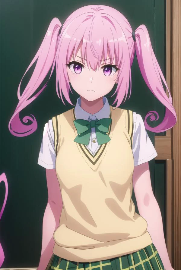 nanadeviluke, <lyco:nana deviluke darkness-lyco-nochekaiser:1>,
nana asta deviluke, fang, long hair, (pink eyes:1.5), pink hair, tail, twintails, (flat chest:1.2),
BREAK green skirt, plaid, plaid skirt, sainan high school uniform, school uniform, skirt, shirt, white shirt, sweater vest, (yellow sweater vest:1.5), short sleeves,
BREAK indoors, classroom,
BREAK looking at viewer, (cowboy shot:1.5),
BREAK <lyco:GoodHands-beta2:1>, (masterpiece:1.2), best quality, high resolution, unity 8k wallpaper, (illustration:0.8), (beautiful detailed eyes:1.6), extremely detailed face, perfect lighting, extremely detailed CG, (perfect hands, perfect anatomy),