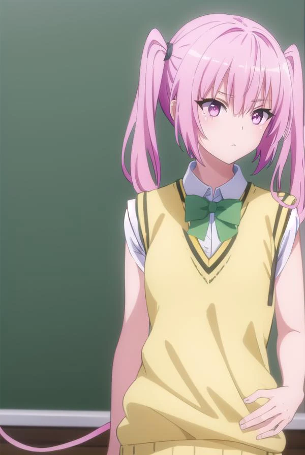 nanadeviluke, <lyco:nana deviluke darkness-lyco-nochekaiser:1>,
nana asta deviluke, fang, long hair, (pink eyes:1.5), pink hair, tail, twintails, (flat chest:1.2),
BREAK green skirt, plaid, plaid skirt, sainan high school uniform, school uniform, skirt, shirt, white shirt, sweater vest, (yellow sweater vest:1.5), short sleeves,
BREAK indoors, classroom,
BREAK looking at viewer, (cowboy shot:1.5),
BREAK <lyco:GoodHands-beta2:1>, (masterpiece:1.2), best quality, high resolution, unity 8k wallpaper, (illustration:0.8), (beautiful detailed eyes:1.6), extremely detailed face, perfect lighting, extremely detailed CG, (perfect hands, perfect anatomy),