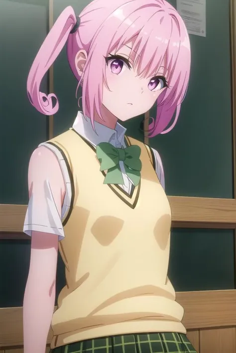 nanadeviluke, <lyco:nana deviluke darkness-lyco-nochekaiser:1>,
nana asta deviluke, fang, long hair, (pink eyes:1.5), pink hair, tail, twintails, (flat chest:1.2),
BREAK green skirt, plaid, plaid skirt, sainan high school uniform, school uniform, skirt, shirt, white shirt, sweater vest, (yellow sweater vest:1.5), short sleeves,
BREAK indoors, classroom,
BREAK looking at viewer, (cowboy shot:1.5),
BREAK <lyco:GoodHands-beta2:1>, (masterpiece:1.2), best quality, high resolution, unity 8k wallpaper, (illustration:0.8), (beautiful detailed eyes:1.6), extremely detailed face, perfect lighting, extremely detailed CG, (perfect hands, perfect anatomy),