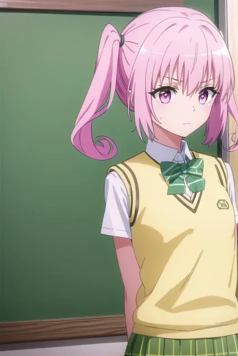 nanadeviluke, <lyco:nana deviluke darkness-lyco-nochekaiser:1>,
nana asta deviluke, fang, long hair, (pink eyes:1.5), pink hair, tail, twintails, (flat chest:1.2),
BREAK green skirt, plaid, plaid skirt, sainan high school uniform, school uniform, skirt, shirt, white shirt, sweater vest, (yellow sweater vest:1.5), short sleeves,
BREAK indoors, classroom,
BREAK looking at viewer, (cowboy shot:1.5),
BREAK <lyco:GoodHands-beta2:1>, (masterpiece:1.2), best quality, high resolution, unity 8k wallpaper, (illustration:0.8), (beautiful detailed eyes:1.6), extremely detailed face, perfect lighting, extremely detailed CG, (perfect hands, perfect anatomy),