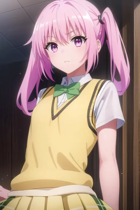 nanadeviluke, <lyco:nana deviluke darkness-lyco-nochekaiser:1>,
nana asta deviluke, fang, long hair, (pink eyes:1.5), pink hair, tail, twintails, (flat chest:1.2),
BREAK green skirt, plaid, plaid skirt, sainan high school uniform, school uniform, skirt, shirt, white shirt, sweater vest, (yellow sweater vest:1.5), short sleeves,
BREAK indoors, classroom,
BREAK looking at viewer, (cowboy shot:1.5),
BREAK <lyco:GoodHands-beta2:1>, (masterpiece:1.2), best quality, high resolution, unity 8k wallpaper, (illustration:0.8), (beautiful detailed eyes:1.6), extremely detailed face, perfect lighting, extremely detailed CG, (perfect hands, perfect anatomy),