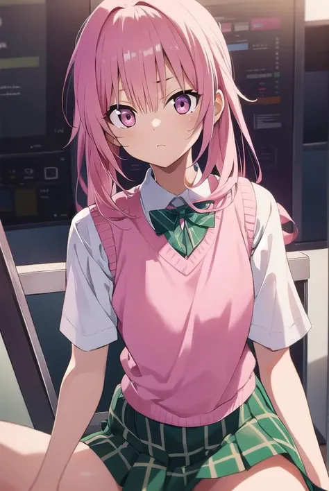 nanadeviluke, <lyco:nanadeviluke-LYCORIStest:1>,
nana asta deviluke, fang, long hair, (pink eyes:1.5), pink hair, tail, twintails, (flat chest:1.2),
BREAK green skirt, plaid, plaid skirt, sainan high school uniform, school uniform, skirt, shirt, white shirt, sweater vest, yellow vest, short sleeves,
BREAK looking at viewer,
BREAK indoors, classroom,
BREAK <lora:GoodHands-vanilla:1>, (masterpiece:1.2), best quality, high resolution, unity 8k wallpaper, (illustration:0.8), (beautiful detailed eyes:1.6), extremely detailed face, perfect lighting, extremely detailed CG, (perfect hands, perfect anatomy),