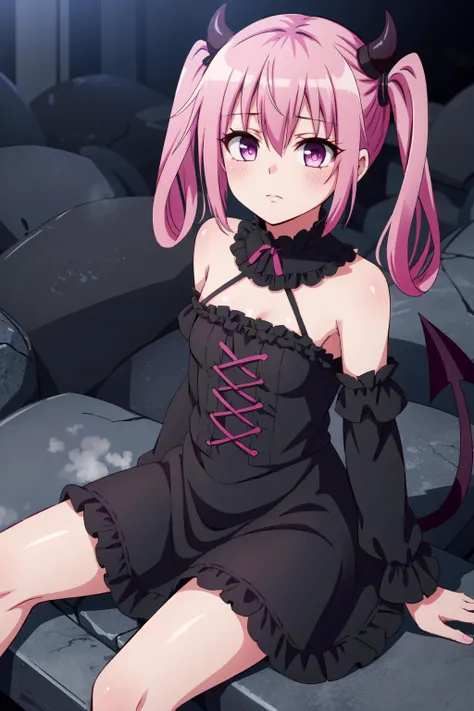 (NANA ASTA DEVILUKE, LONG HAIR, black TAIL, TWINTAILS, 1girl,original,LOOKING AT VIEWER:1.2),
(pink eyes),
(stone dungeon background,underground steam river,night,gothic dress,gothic veil,gothic ribbon,emotionless,empty eyes,resting),
masterpiece,(ultra realistic), 8k UHD,wallpaper,absurdres, (intricate details),
<lora:nana deviluke darkness-lyco-nochekaiser:0.85>