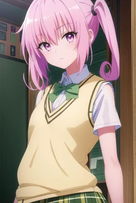 nanadeviluke, <lyco:nana deviluke darkness-lyco-nochekaiser:1>,
nana asta deviluke, fang, long hair, (pink eyes:1.5), pink hair, tail, twintails, (flat chest:1.2),
BREAK green skirt, plaid, plaid skirt, sainan high school uniform, school uniform, skirt, shirt, white shirt, sweater vest, (yellow sweater vest:1.5), short sleeves,
BREAK indoors, classroom,
BREAK looking at viewer, (cowboy shot:1.5),
BREAK <lyco:GoodHands-beta2:1>, (masterpiece:1.2), best quality, high resolution, unity 8k wallpaper, (illustration:0.8), (beautiful detailed eyes:1.6), extremely detailed face, perfect lighting, extremely detailed CG, (perfect hands, perfect anatomy),