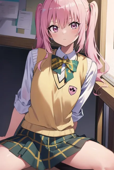 nanadeviluke, <lyco:nanadeviluke-LYCORIStest:1>,
nana asta deviluke, fang, long hair, (pink eyes:1.5), pink hair, tail, twintails, (flat chest:1.2),
BREAK green skirt, plaid, plaid skirt, sainan high school uniform, school uniform, skirt, shirt, white shirt, sweater vest, (yellow sweater vest:1.5), short sleeves,
BREAK looking at viewer,
BREAK indoors, classroom,
BREAK <lora:GoodHands-vanilla:1>, (masterpiece:1.2), best quality, high resolution, unity 8k wallpaper, (illustration:0.8), (beautiful detailed eyes:1.6), extremely detailed face, perfect lighting, extremely detailed CG, (perfect hands, perfect anatomy),