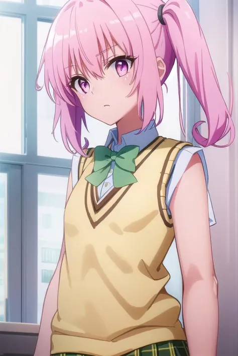 nanadeviluke, <lyco:nana deviluke darkness-lyco-nochekaiser:1>,
nana asta deviluke, fang, long hair, (pink eyes:1.5), pink hair, tail, twintails, (flat chest:1.2),
BREAK green skirt, plaid, plaid skirt, sainan high school uniform, school uniform, skirt, shirt, white shirt, sweater vest, (yellow sweater vest:1.5), short sleeves,
BREAK indoors, classroom,
BREAK looking at viewer, (cowboy shot:1.5),
BREAK <lyco:GoodHands-beta2:1>, (masterpiece:1.2), best quality, high resolution, unity 8k wallpaper, (illustration:0.8), (beautiful detailed eyes:1.6), extremely detailed face, perfect lighting, extremely detailed CG, (perfect hands, perfect anatomy),