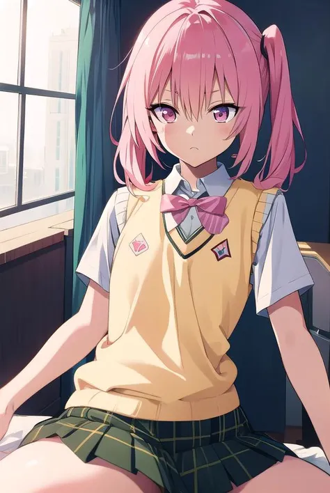 nanadeviluke, <lyco:nanadeviluke-LYCORIStest:1>,
nana asta deviluke, fang, long hair, (pink eyes:1.5), pink hair, tail, twintails, (flat chest:1.2),
BREAK green skirt, plaid, plaid skirt, sainan high school uniform, school uniform, skirt, shirt, white shirt, sweater vest, (yellow sweater vest:1.5), short sleeves,
BREAK looking at viewer,
BREAK indoors, classroom,
BREAK <lora:GoodHands-vanilla:1>, (masterpiece:1.2), best quality, high resolution, unity 8k wallpaper, (illustration:0.8), (beautiful detailed eyes:1.6), extremely detailed face, perfect lighting, extremely detailed CG, (perfect hands, perfect anatomy),