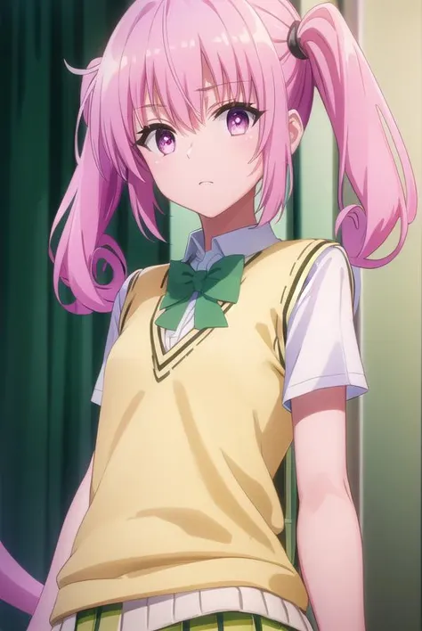 nanadeviluke, <lyco:nana deviluke darkness-lyco-nochekaiser:1>,
nana asta deviluke, fang, long hair, (pink eyes:1.5), pink hair, tail, twintails, (flat chest:1.2),
BREAK green skirt, plaid, plaid skirt, sainan high school uniform, school uniform, skirt, shirt, white shirt, sweater vest, (yellow sweater vest:1.5), short sleeves,
BREAK indoors, classroom,
BREAK looking at viewer, (cowboy shot:1.5),
BREAK <lyco:GoodHands-beta2:1>, (masterpiece:1.2), best quality, high resolution, unity 8k wallpaper, (illustration:0.8), (beautiful detailed eyes:1.6), extremely detailed face, perfect lighting, extremely detailed CG, (perfect hands, perfect anatomy),