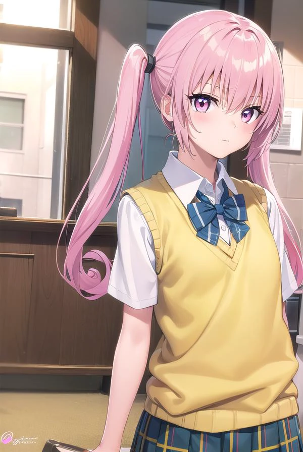 nanadeviluke, <lyco:nanaastadeviluke-lyco-nochekaiser:1>,
nana asta deviluke, fang, long hair, (pink eyes:1.5), pink hair, tail, twintails, (flat chest:1.2),
BREAK green skirt, plaid, plaid skirt, sainan high school uniform, school uniform, skirt, shirt, white shirt, sweater vest, (yellow sweater vest:1.5), short sleeves,
BREAK indoors, classroom,
BREAK looking at viewer, (cowboy shot:1.5),
BREAK <lyco:GoodHands-beta2:1>, (masterpiece:1.2), best quality, high resolution, unity 8k wallpaper, (illustration:0.8), (beautiful detailed eyes:1.6), extremely detailed face, perfect lighting, extremely detailed CG, (perfect hands, perfect anatomy),