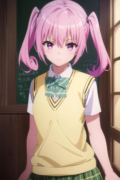 nanadeviluke, <lyco:nana deviluke darkness-lyco-nochekaiser:1>,
nana asta deviluke, fang, long hair, (pink eyes:1.5), pink hair, tail, twintails, (flat chest:1.2),
BREAK green skirt, plaid, plaid skirt, sainan high school uniform, school uniform, skirt, shirt, white shirt, sweater vest, (yellow sweater vest:1.5), short sleeves,
BREAK indoors, classroom,
BREAK looking at viewer, (cowboy shot:1.5),
BREAK <lyco:GoodHands-beta2:1>, (masterpiece:1.2), best quality, high resolution, unity 8k wallpaper, (illustration:0.8), (beautiful detailed eyes:1.6), extremely detailed face, perfect lighting, extremely detailed CG, (perfect hands, perfect anatomy),