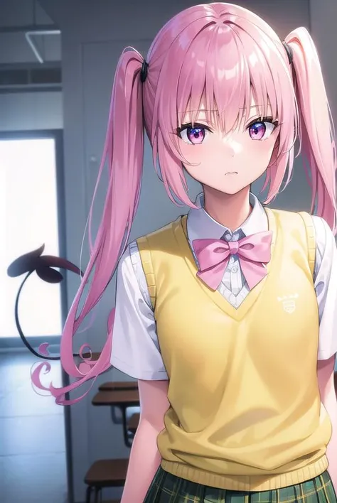 nanadeviluke, <lyco:nanaastadeviluke-lyco-nochekaiser:1>,
nana asta deviluke, fang, long hair, (pink eyes:1.5), pink hair, tail, twintails, (flat chest:1.2),
BREAK green skirt, plaid, plaid skirt, sainan high school uniform, school uniform, skirt, shirt, white shirt, sweater vest, (yellow sweater vest:1.5), short sleeves,
BREAK indoors, classroom,
BREAK looking at viewer, (cowboy shot:1.5),
BREAK <lyco:GoodHands-beta2:1>, (masterpiece:1.2), best quality, high resolution, unity 8k wallpaper, (illustration:0.8), (beautiful detailed eyes:1.6), extremely detailed face, perfect lighting, extremely detailed CG, (perfect hands, perfect anatomy),