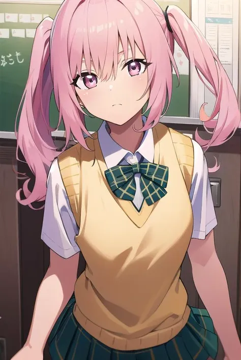 nanadeviluke, <lyco:nanadeviluke-LYCORIStest:1>,
nana asta deviluke, fang, long hair, (pink eyes:1.5), pink hair, tail, twintails, (flat chest:1.2),
BREAK green skirt, plaid, plaid skirt, sainan high school uniform, school uniform, skirt, shirt, white shirt, sweater vest, (yellow sweater vest:1.5), short sleeves,
BREAK looking at viewer,
BREAK indoors, classroom,
BREAK <lora:GoodHands-vanilla:1>, (masterpiece:1.2), best quality, high resolution, unity 8k wallpaper, (illustration:0.8), (beautiful detailed eyes:1.6), extremely detailed face, perfect lighting, extremely detailed CG, (perfect hands, perfect anatomy),