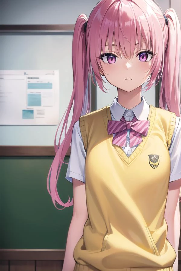 nanadeviluke, <lyco:nanaastadeviluke-lyco-nochekaiser:1>,
nana asta deviluke, fang, long hair, (pink eyes:1.5), pink hair, tail, twintails, (flat chest:1.2),
BREAK green skirt, plaid, plaid skirt, sainan high school uniform, school uniform, skirt, shirt, white shirt, sweater vest, (yellow sweater vest:1.5), short sleeves,
BREAK indoors, classroom,
BREAK looking at viewer, (cowboy shot:1.5),
BREAK <lyco:GoodHands-beta2:1>, (masterpiece:1.2), best quality, high resolution, unity 8k wallpaper, (illustration:0.8), (beautiful detailed eyes:1.6), extremely detailed face, perfect lighting, extremely detailed CG, (perfect hands, perfect anatomy),