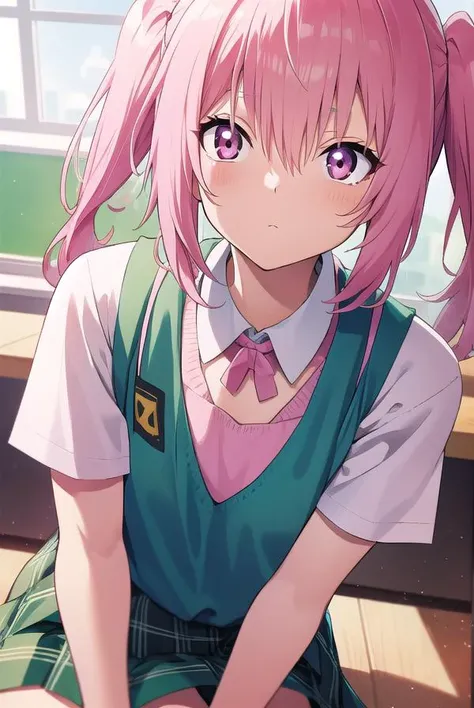 nanadeviluke, <lyco:nanadeviluke-LYCORIStest:1>,
nana asta deviluke, fang, long hair, (pink eyes:1.5), pink hair, tail, twintails, (flat chest:1.2),
BREAK green skirt, plaid, plaid skirt, sainan high school uniform, school uniform, skirt, shirt, white shirt, sweater vest, yellow vest, short sleeves,
BREAK looking at viewer,
BREAK indoors, classroom,
BREAK <lora:GoodHands-vanilla:1>, (masterpiece:1.2), best quality, high resolution, unity 8k wallpaper, (illustration:0.8), (beautiful detailed eyes:1.6), extremely detailed face, perfect lighting, extremely detailed CG, (perfect hands, perfect anatomy),