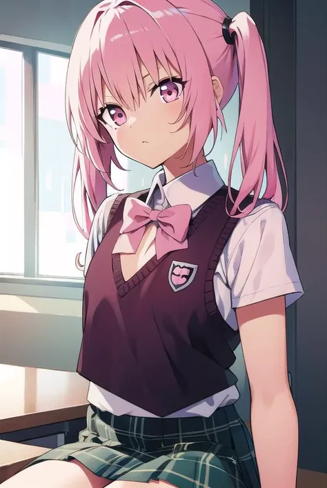 nanadeviluke, <lyco:nanadeviluke-LYCORIStest:1>,
nana asta deviluke, fang, long hair, (pink eyes:1.5), pink hair, tail, twintails, (flat chest:1.2),
BREAK green skirt, plaid, plaid skirt, sainan high school uniform, school uniform, skirt, shirt, white shirt, sweater vest, yellow sweater vest, short sleeves,
BREAK looking at viewer,
BREAK indoors, classroom,
BREAK <lora:GoodHands-vanilla:1>, (masterpiece:1.2), best quality, high resolution, unity 8k wallpaper, (illustration:0.8), (beautiful detailed eyes:1.6), extremely detailed face, perfect lighting, extremely detailed CG, (perfect hands, perfect anatomy),