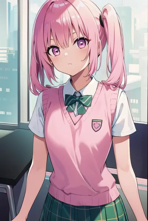 nanadeviluke, <lyco:nanadeviluke-LYCORIStest:1>,
nana asta deviluke, fang, long hair, (pink eyes:1.5), pink hair, tail, twintails, (flat chest:1.2),
BREAK green skirt, plaid, plaid skirt, sainan high school uniform, school uniform, skirt, shirt, white shirt, sweater vest, yellow vest, short sleeves,
BREAK looking at viewer,
BREAK indoors, classroom,
BREAK <lora:GoodHands-vanilla:1>, (masterpiece:1.2), best quality, high resolution, unity 8k wallpaper, (illustration:0.8), (beautiful detailed eyes:1.6), extremely detailed face, perfect lighting, extremely detailed CG, (perfect hands, perfect anatomy),