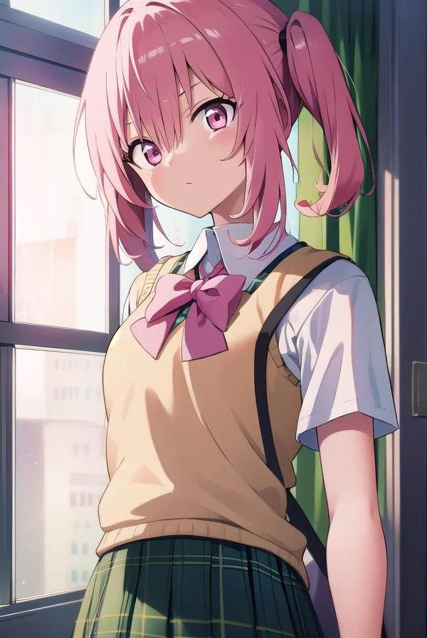 nanadeviluke, <lyco:nanadeviluke-LYCORIStest:1>,
nana asta deviluke, fang, long hair, (pink eyes:1.5), pink hair, tail, twintails, (flat chest:1.2),
BREAK green skirt, plaid, plaid skirt, sainan high school uniform, school uniform, skirt, shirt, white shirt, sweater vest, yellow vest, short sleeves,
BREAK looking at viewer,
BREAK indoors, classroom,
BREAK <lora:GoodHands-vanilla:1>, (masterpiece:1.2), best quality, high resolution, unity 8k wallpaper, (illustration:0.8), (beautiful detailed eyes:1.6), extremely detailed face, perfect lighting, extremely detailed CG, (perfect hands, perfect anatomy),