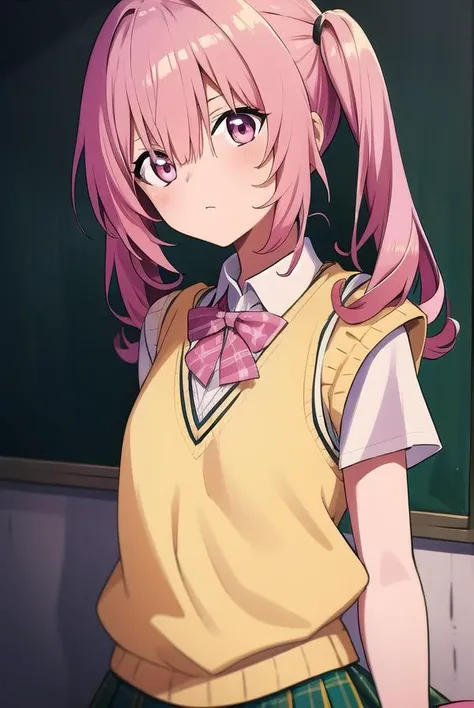 nanadeviluke, <lyco:nanadeviluke-LYCORIStest:1>,
nana asta deviluke, fang, long hair, (pink eyes:1.5), pink hair, tail, twintails, (flat chest:1.2),
BREAK green skirt, plaid, plaid skirt, sainan high school uniform, school uniform, skirt, shirt, white shirt, sweater vest, (yellow sweater vest:1.5), short sleeves,
BREAK looking at viewer,
BREAK indoors, classroom,
BREAK <lora:GoodHands-vanilla:1>, (masterpiece:1.2), best quality, high resolution, unity 8k wallpaper, (illustration:0.8), (beautiful detailed eyes:1.6), extremely detailed face, perfect lighting, extremely detailed CG, (perfect hands, perfect anatomy),