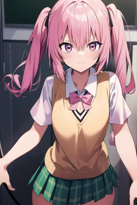 nanadeviluke, <lyco:nanadeviluke-LYCORIStest:1>,
nana asta deviluke, fang, long hair, (pink eyes:1.5), pink hair, tail, twintails, (flat chest:1.2),
BREAK green skirt, plaid, plaid skirt, sainan high school uniform, school uniform, skirt, shirt, white shirt, sweater vest, yellow vest, short sleeves,
BREAK looking at viewer,
BREAK indoors, classroom,
BREAK <lora:GoodHands-vanilla:1>, (masterpiece:1.2), best quality, high resolution, unity 8k wallpaper, (illustration:0.8), (beautiful detailed eyes:1.6), extremely detailed face, perfect lighting, extremely detailed CG, (perfect hands, perfect anatomy),