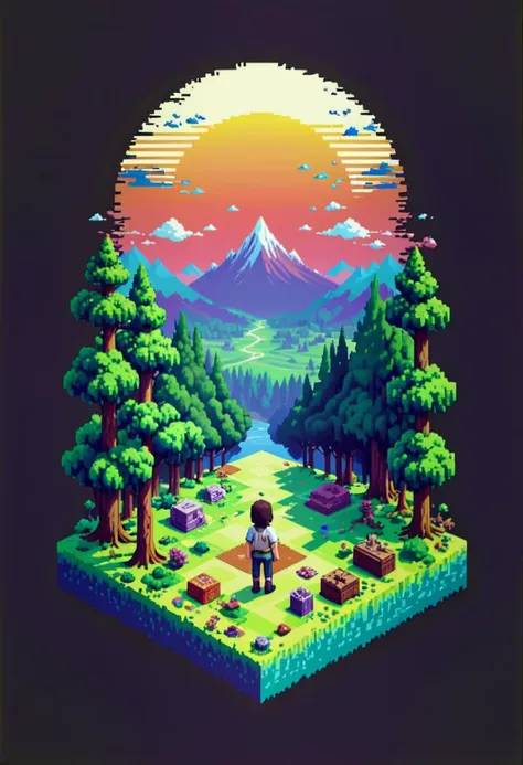 Nostalgic T-shirt, Retro Game Character, Pixelated Landscape, 8-bit Color Palette, Pixel Texture, Pixel Art Style, Isometric Perspective ,T shirt design,TshirtDesignAF,