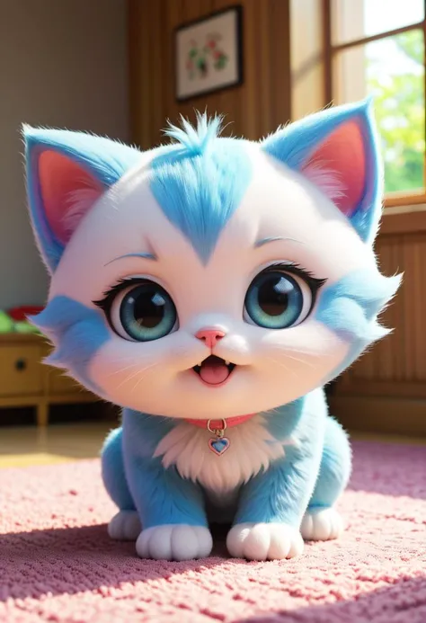 A charming, chibi-style rendition of a cute kitten, designed with exaggerated, adorable features. Tongue out. The kitten's eyes are large and expressive, resembling bright sapphire crystals, and it has a small. It is playfully batting at a fluffy ball of thread, vividly colored in pastel shades of pink, mint green, and lavender. The scene is set in a cartoonish, cheerful room, with soft, rounded furniture and playful decorations, all bathed in a warm, inviting light. The style is digital art by Mimi Lune, who specializes in creating heartwarming, chibi-style characters and scenes, infusing the image with a sense of innocence, joy, and playful charm. This kitten, with its endearing design and bright, engaging colors, captures the essence of a playful, childlike wonder.