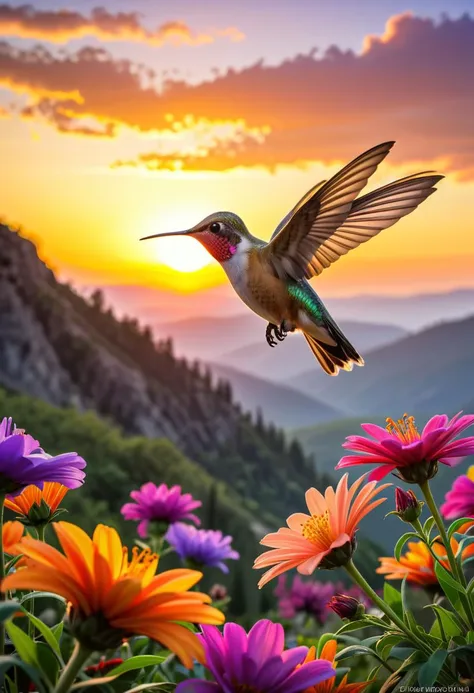 "Create an image of a vibrant hummingbird hovering over a cluster of colorful flowers, set against the backdrop of a stunning sunset. The sky is painted with hues of orange, pink, and purple, casting a warm glow over the scene. The hummingbird's wings are a blur of motion as it delicately hovers, and the flowers are in full bloom, their petals glistening in the fading light. Capture the tranquility and beauty of this peaceful moment in nature."