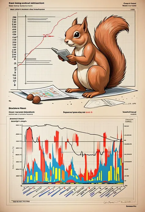 A comic book-style illustration of a squirrel AI analyzing a nut, charts and graphs projecting from its eyes.