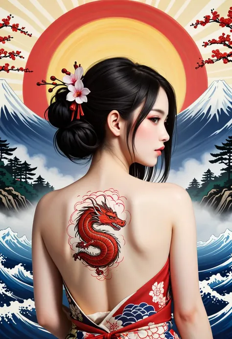 Super detailed masterpiece 8k, girl, (beautiful face)++ A girl shows off her entire back with superb Japanese ukiyo-e tattoosYakuza style dragon Mount Fuji that fill the entire back. , the sakura geisha kamikaze red sun wave is simply a piece of art. Pin close up on her back contrasting with the beautiful lines of the girl in the background of a simple Japanese style