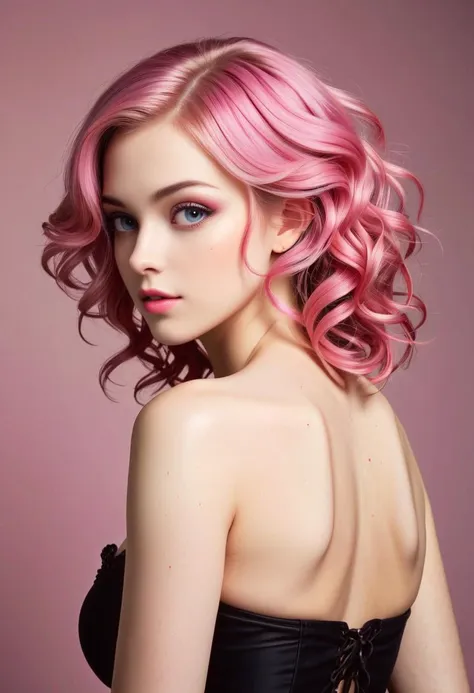 (masterpiece, best quality), pink hair, Side-Swept Curls with Hairpin, Size DD breasts,  epiCPhoto