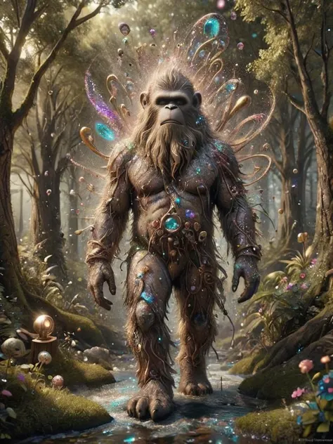 award winning photograph of a sasquatch with elusive nature made of ais-glttrbmb in wonderland, magical, whimsical, fantasy art concept, steampunk, intricate details, best quality, masterpiece, ultra shartp, hyper realistic, realism <lora:ais-glttrbmb-sdxl:0.8>