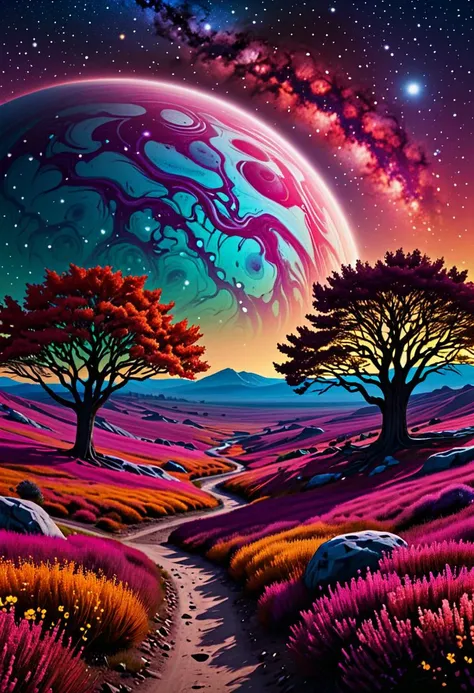 a sprawling landscape with lust trees and vibrant colors,the sky is vast full of stars and a large planet.