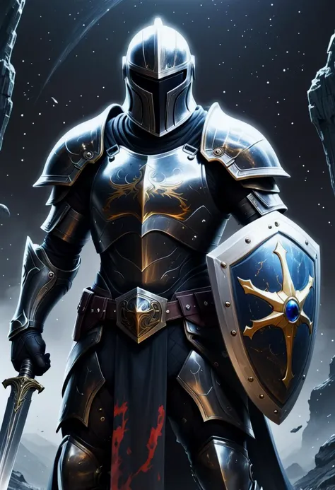 an anime image of a fantasy game knight, wielding a galaxy Sword and shield, galaxy print on the sword and shield, wearing black armor, allay in background, digital art, HD, masterpiece, best quality, hyper detailed, ultra detailed,