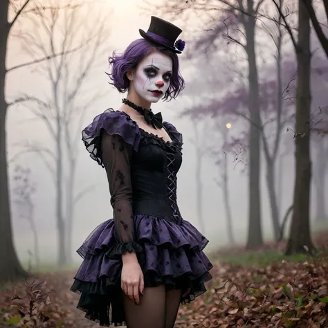 A place with a morbid look that resembles a funeral, (foggy:1.2), silhouetted in soft shadow (full body photograph:1.2) (Palatinate Purple clown outfit:1.3) (slender beautiful supermodel:1.1) looking over her shoulder detailed background bokeh <lora:add-detail-xl:1>