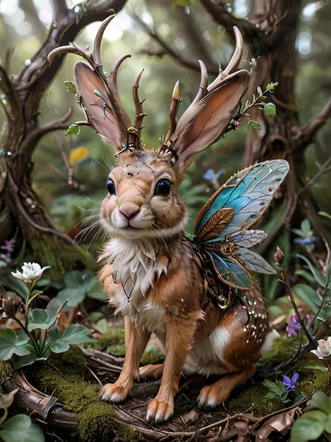 award winning photograph of a FairyForm jackalope with whimsical nature in wonderland, magical, whimsical, fantasy art concept, steampunk, intricate details, best quality, masterpiece, ultra shartp, hyper realistic, realism, sfw, <lora:SDXL_Fairy_Form_LoRA:0.8>