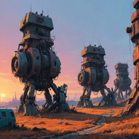 (canyons:1.5) where a row of derelict (biomechanical machines:1.3) (sunset:1.3) in the style of (Simon Stalenhag:1.2)