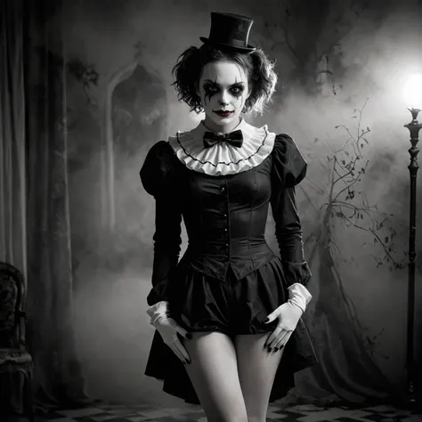 A place with a morbid look that resembles a funeral, (foggy:1.2), silhouetted in soft shadow (full body photograph:1.2) (Black White clown outfit:1.3) (slender beautiful supermodel:1.1) hands on her hips detailed background bokeh <lora:add-detail-xl:1>