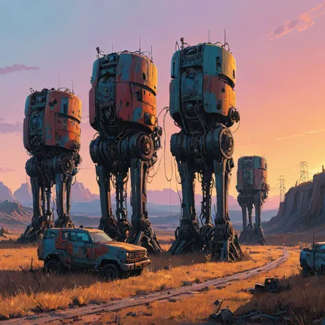 (canyons:1.5) where a row of abandoned (biomechanical machines:1.3) (sunset:1.3) in the style of (Simon Stalenhag:1.2)