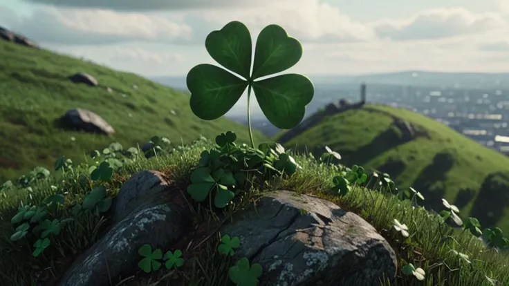A lone Shamrock sitting on a hill, ultra realistic, cinematic glory