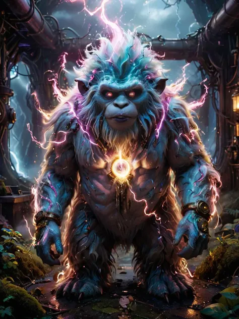 award winning photograph of a yeti with mysterious existence made of glowneon in wonderland, magical, whimsical, fantasy art concept, steampunk, intricate details, best quality, masterpiece, ultra shartp, hyper realistic, realism <lora:glowneon_xl_v1:0.7>, glowing, sparks, lightning