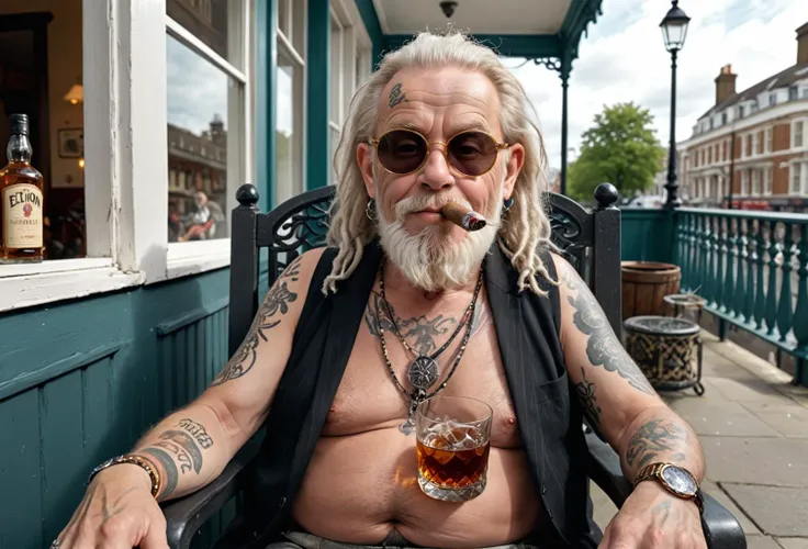 photo, 4k, wide angle, 
old man with white beard and dreadlocks, sitting on veranda of innercity london picadilly , holding a malt whiskey and smoke cigar, plastic chair,
intricate face details, sunglasses like elton john , tattoo on neck