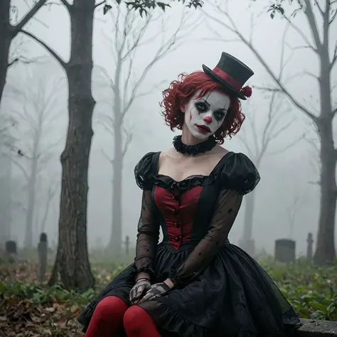 A place with a morbid look that resembles a funeral, (foggy:1.2), silhouetted in soft shadow (full body photograph:1.2) (Mint Julep,Deep Carmine,Eerie Black clown outfit:1.3) (slender beautiful supermodel:1.1) resting her head on her hands detailed background bokeh <lora:add-detail-xl:1>
