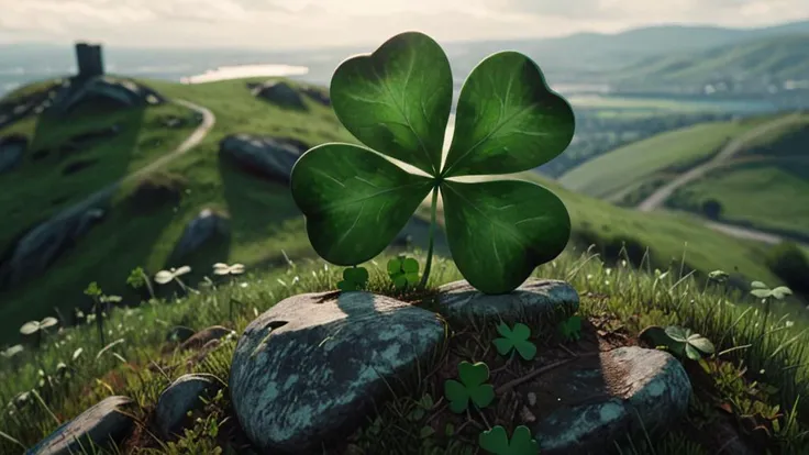 A lone Shamrock sitting on a hill, ultra realistic, cinematic glory