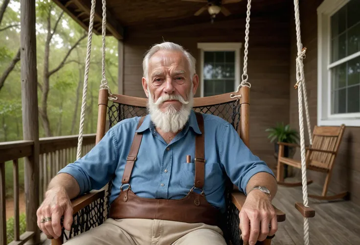 photo, 4k, wide angle,
old man with white beard, sitting on veranda of southern alabama , holding a whiskey and smoke cigar, woodden swing chair,
intricate face details