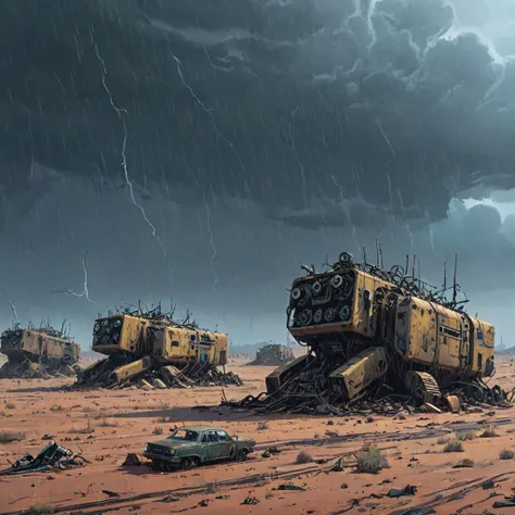 (desert:1.5) where a row of wrecked (biomechanical machines:1.3) (rainstorm:1.3) in the style of (Simon Stalenhag:1.2)