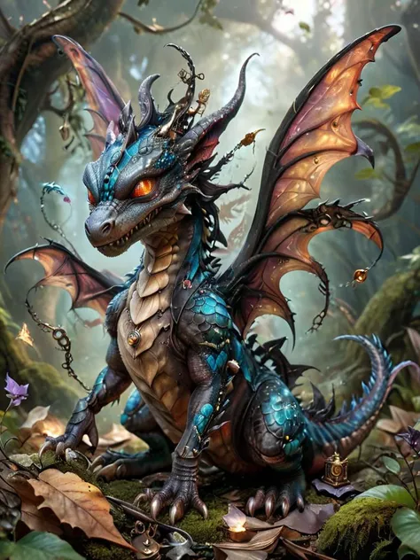 award winning photograph of a FairyForm dragon with smoldering scales in wonderland, magical, whimsical, fantasy art concept, steampunk, intricate details, best quality, masterpiece, ultra shartp, hyper realistic, realism, sfw, <lora:SDXL_Fairy_Form_LoRA:0.8>