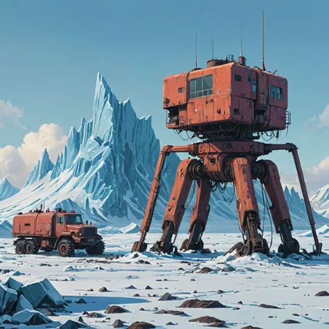 (arctic glaciers:1.5) where several derelict (machines:1.3) (barren:1.3) in the style of (Simon Stalenhag:1.2)