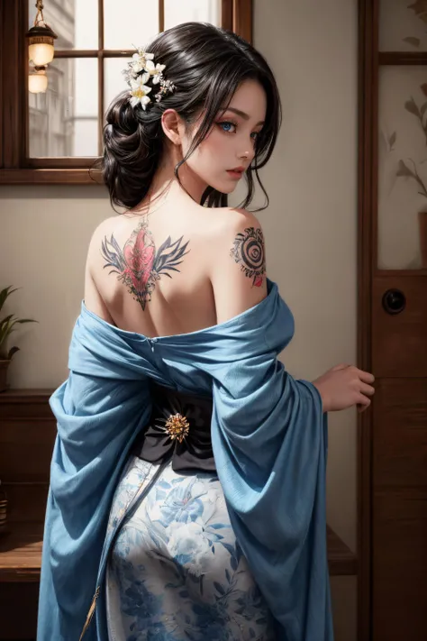 (masterpiece, top quality, best quality, official art, beautiful and aesthetic:1.2),1girl, tattoo, solo, japanese clothes, hair ornament, unsheathing, black hair, sheath, back tattoo, blue eyes, off shoulder, bare shoulders, looking back, from behind, flower, looking at viewer, holding, makeup, indoor, <lora:add_detail:1>