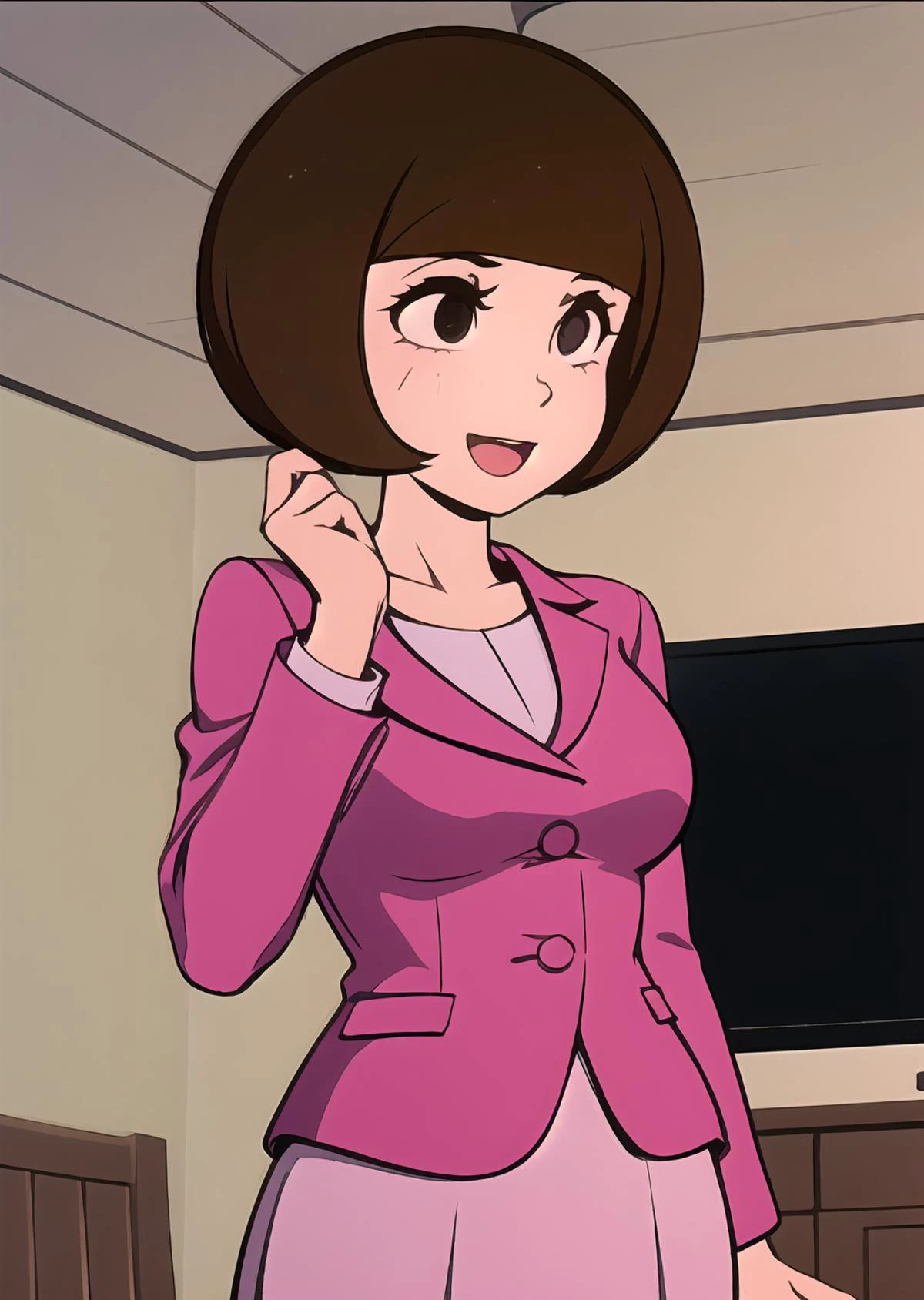 <lora:GoodHands-beta2:1> 1girl, <lora:YoshikoYamanaka-11:0.65> yoshiko yamanaka, indoors, pink suit, solo, black eyes, upper body, happy, skirt,
<lora:moshimoshibe-1600it:1>