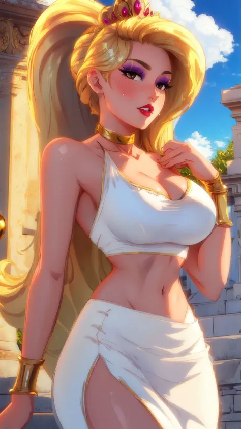 golden apple,(insanely detailed, beautiful detailed face, masterpiece, best quality),(glossy skin:0.5),<lora:Eris-10v8:0.9>,Eris,blonde hair,makeup,long hair,solo,ponytail,black eyes,blush,lips,gold choker,silver tiara,white skirt,cleavage,midriff,gold bands,((medium breasts)),clouds,outside,stone building,missing tooth,